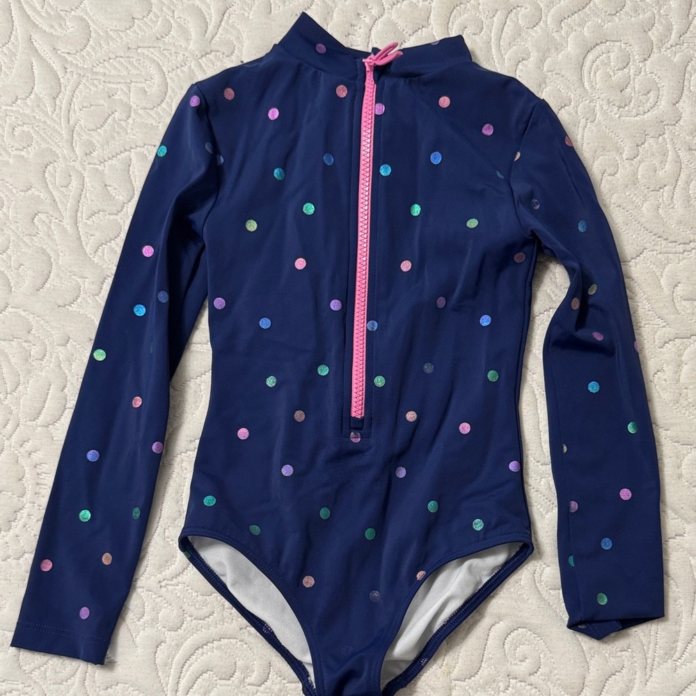 Mini Boden Kids Long Sleeve Navy Glitter Polka Dot Zip-Front Swimsuit Size 6/7